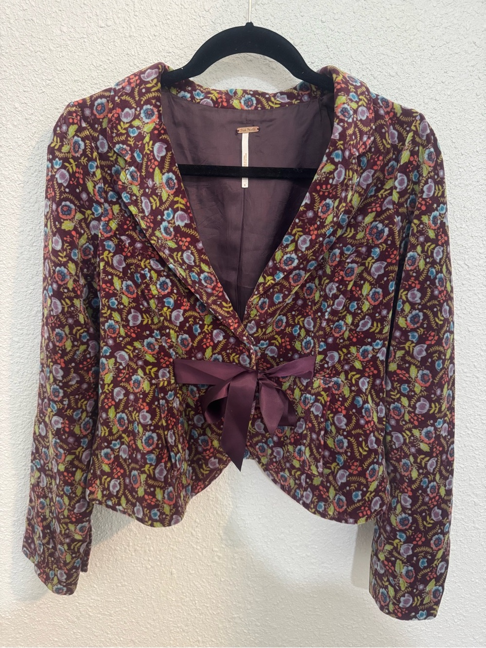 Free People Soft Plum Floral Velvet Ribbon Tie Cropped Blazer Jacket